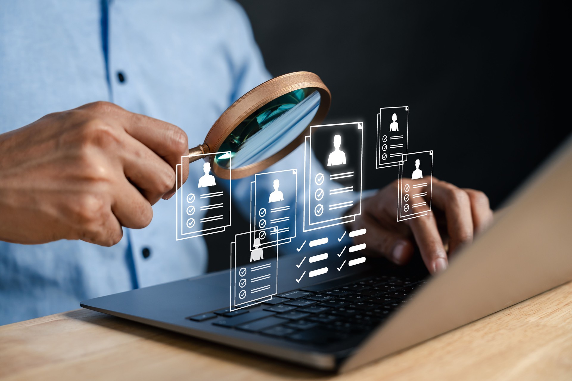 Digital recruitment and HR screening process online form and candidate profiles.