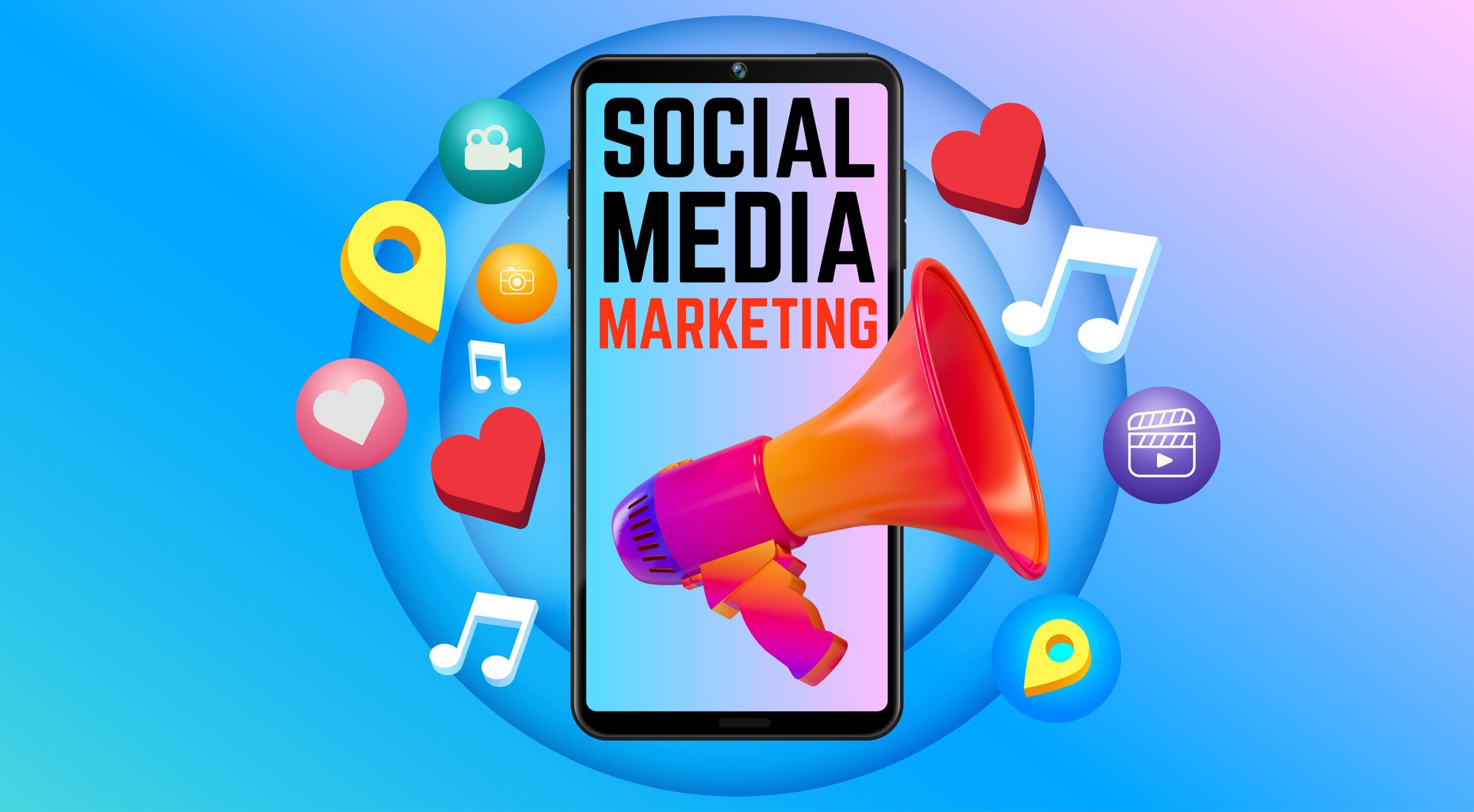 Social Media Marketing Smartphone Megaphone Icons Concept Gradient